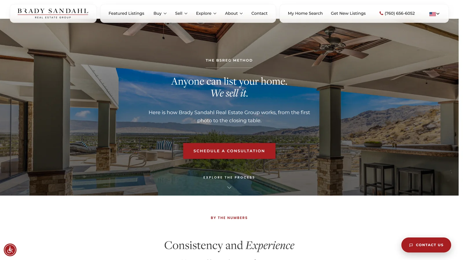 The finished how-we-sell page: the same headline set in serif over a full-bleed estate photo with branded buttons.