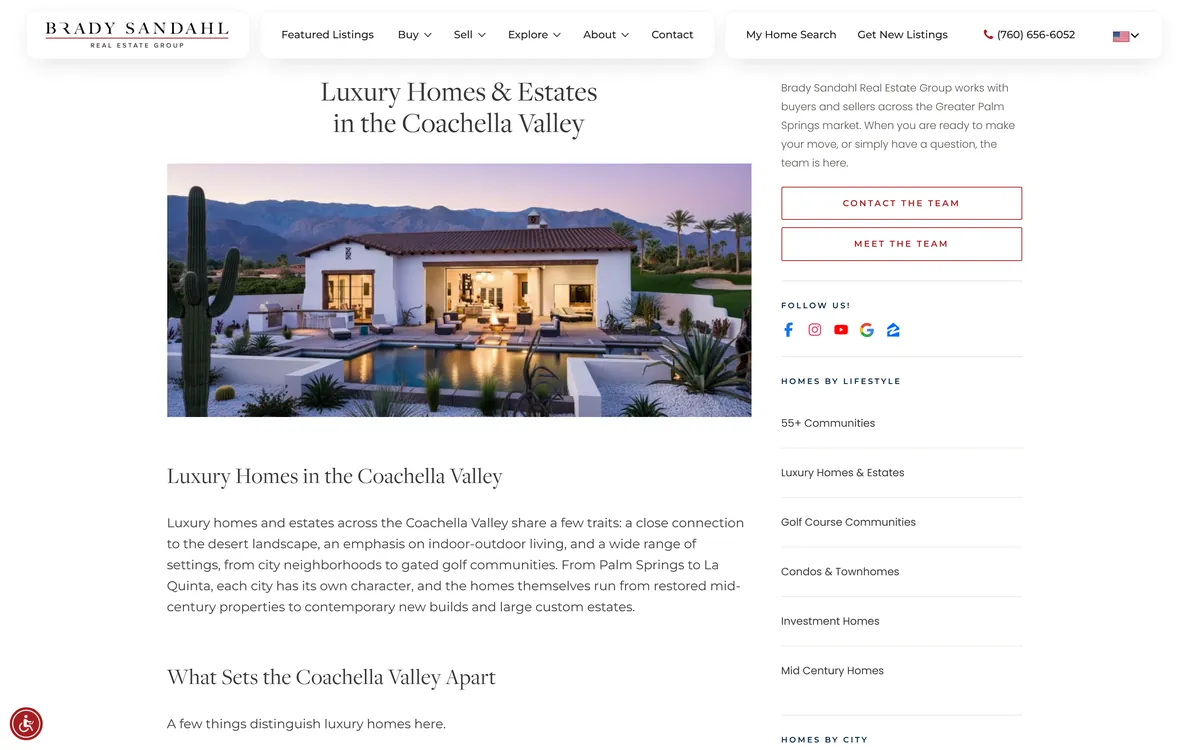 Luxury homes and estates lifestyle page with full-bleed photography and set type.