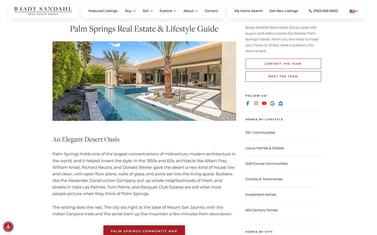 Palm Springs city page: editorial serif headings, neighborhood grid, custom area navigation.