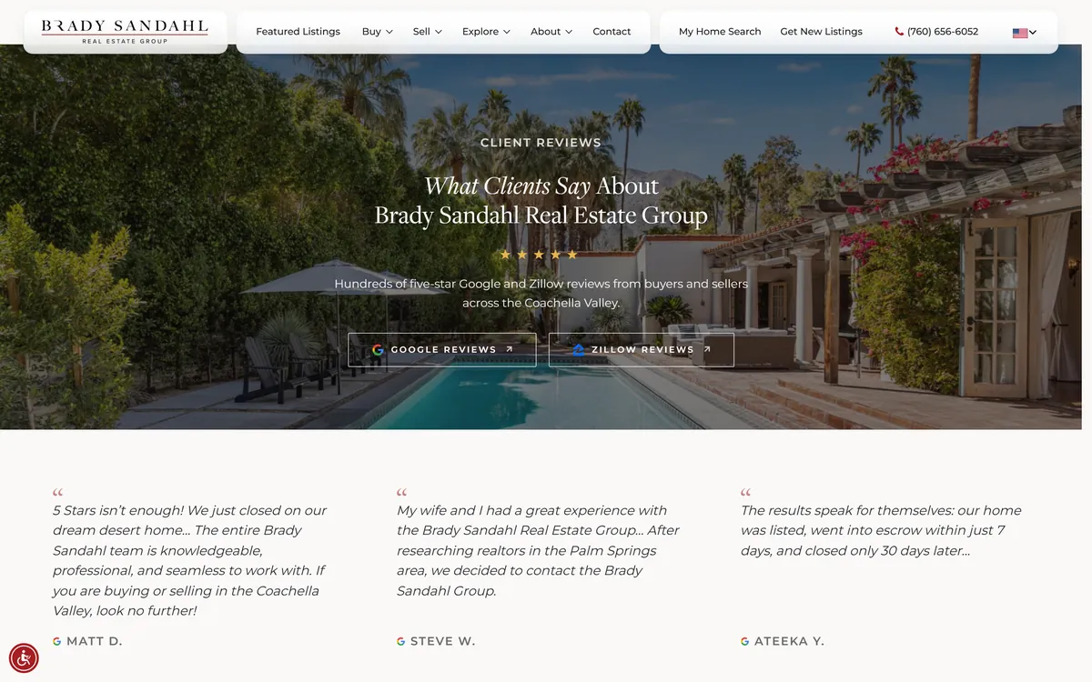 Reviews page with client testimonials in a custom wall layout.